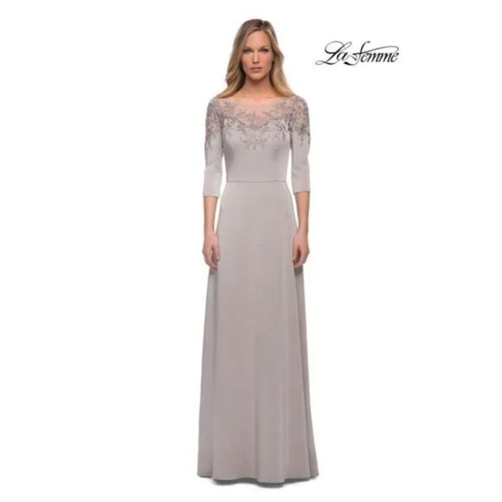 LA FEMME NWT $438 29227 Silver Embroidered Illusion Neck Gown Size 10